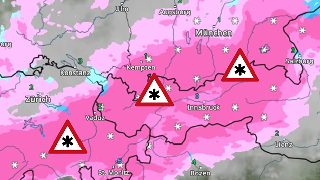 WetterRadar-Vorhersage zeigt kräftige Schneefälle am Montag