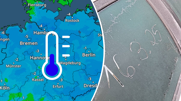 TemperaturRadar mit Werten unter 0 Grad (links), Gefrorene Autoscheibe mit heutigem Datum (rechts)