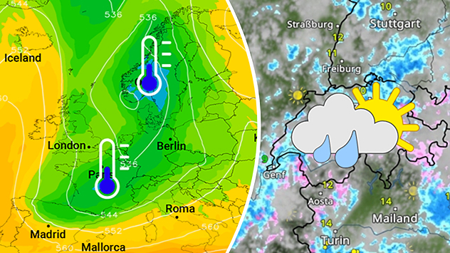 Links eine Wetterkarte mit Höhenkaltluft, rechts das WetterRadar mit vielen Schauern