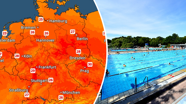Temperaturkarte mit 25–30 Grad und Bild von Badegästen im Freibad.