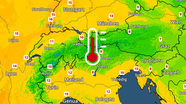 El mapa meteorológico muestra temperaturas bastante altas para esta época del año en la región alpina. Incluso en las zonas altas apenas hay heladas.