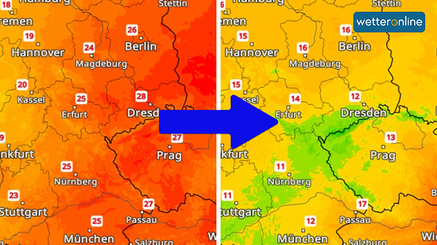Wetterkarte mit starkem Temperatursturz in Deutschland, von Rot zu Grün.