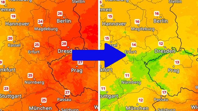 Wetterkarte mit starkem Temperatursturz in Deutschland, von Rot zu Grün.