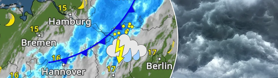 Split. Links: Wetterkarte mit Regen, Blitzen und Temperaturen für Deutschland. Rechts: Dunkle Regenwolken