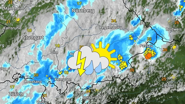 WetterRadar mit Schauern und Gewittern im Süden Bayerns.