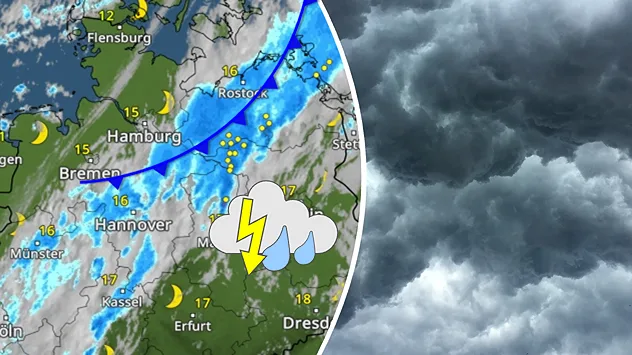 Split. Links: Wetterkarte mit Regen, Blitzen und Temperaturen für Deutschland. Rechts: Dunkle Regenwolken