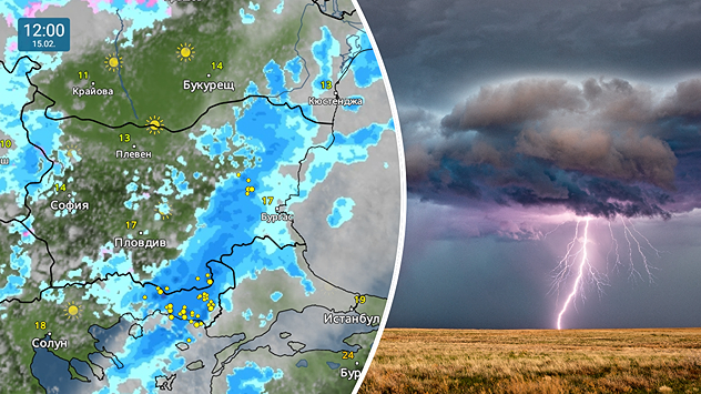 Отляво: Метеокарта за неделя показваща валежи и локални бури в източна България Отдясно: Снимка на гръмотевична буря над нива.
