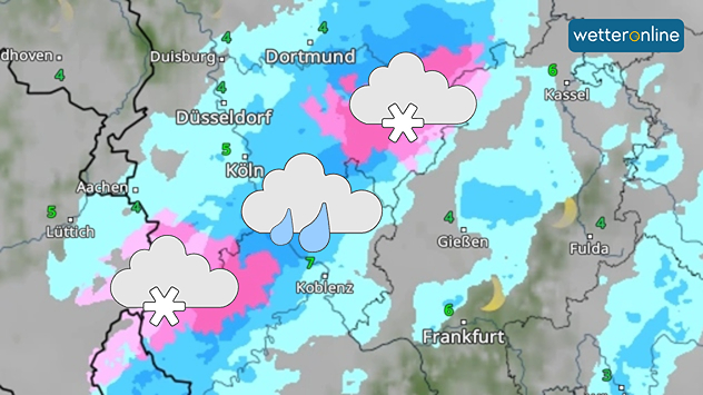 In Eifel und Sauerland rieseln am Abend Flocken. In den tieferen Lagen regnet es. 