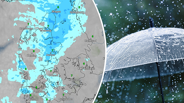 Vejrradar over Danmark med regnbyger kombineret med foto af paraply i regnvejr.