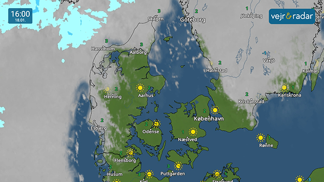 Vejrkort over Danmark kl. 16.00 den 18. januar med sol i store dele af landet og skyer mod vest.
