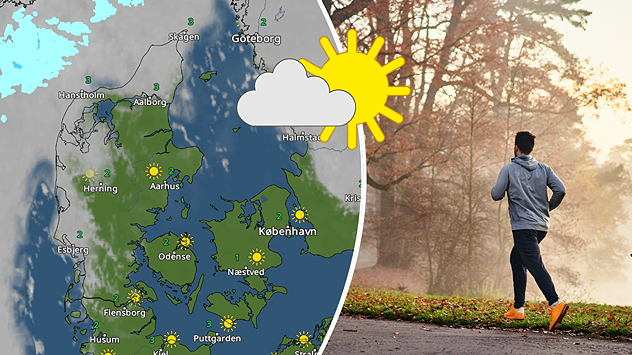Kombineret grafik med vejrkort over Danmark og foto af person på løbetur, der illustrerer solrigt og mildt vejr.