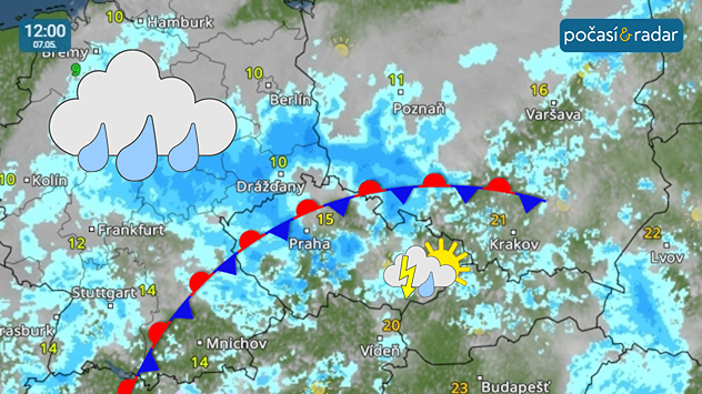 Meteoradar, screenshot, 7. 5. 12:00: Česko bude v nadcházejících dnech ovlivňovat zvlněná studená fronta, která přinese ochlazení i srážky. Nejvíce by mělo pršet ve čtvrtek.