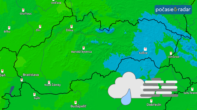 Snímka teplotného radaru s max, dennými teplotami -1 až +2 °C naznačujúci "mäkší" vzduch a vpravo dole symbol slabého dažďa a hmly.