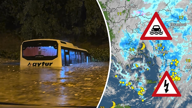 On the left, a yellow bus is submerged in deep floodwater. On the right, the weather radar shows numerous thunderstorms over Greece and Turkey. Warning symbols indicate flooding and thunderstorms.