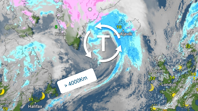 Radar météo montrant une vaste zone de basse pression au-dessus de l'Atlantique Nord, entre le Groenland et l'Islande.