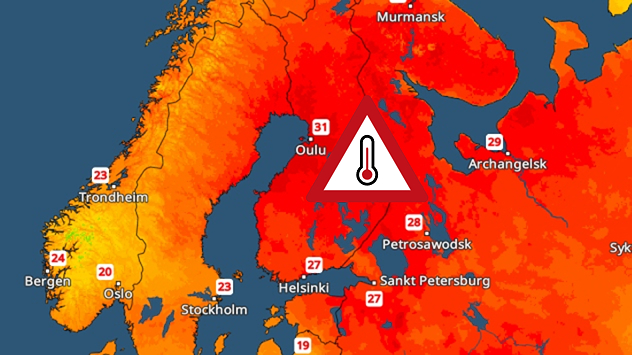 Mappa del caldo sulla Scandinavia e sulla Russia nord-occidentale con intense tonalità di rosso e temperature fino a 31 gradi, simbolo di allerta sulla Finlandia.