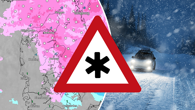Kombineret grafik med vejrradar over Danmark og advarselstrekant samt bil, der kører i kraftigt snevejr om natten.