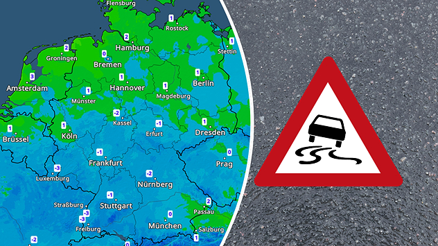 Links: TemperaturRadar zeigt vielerorts 0 bis +3 °C, Glättegefahr. Rechts: Verkehrszeichen warnt vor glatter Fahrbahn durch Regen oder gefrierende Nässe.