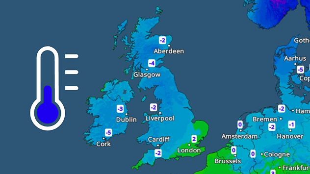 UK temperature map dated 14.02 showing widespread subzero values in blue shading, with readings such as −4 in Glasgow, −3 in Dublin, and −2 in London, alongside a blue thermometer icon.