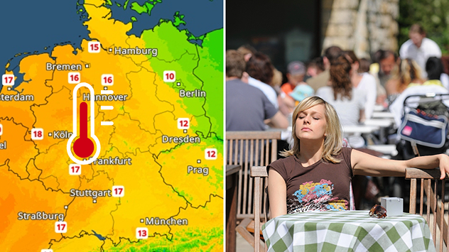 Deutschlandkarte mit Temperaturwerten zwischen 10 und 20 Grad. Westdeutschland (NRW, Hessen) wärmer als Ostdeutschland (Brandenburg, Sachsen). Rechts sitzt eine Frau im Straßencafé und genießt die Sonne.