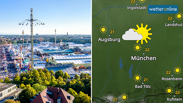 Oktoberfest in München neben einer Wetterkarte mit Sonne, Wolken und 22 Grad.