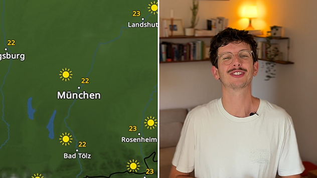 Wetterkarte mit Sonne und 22 Grad in München, daneben ein Wettermoderator.
