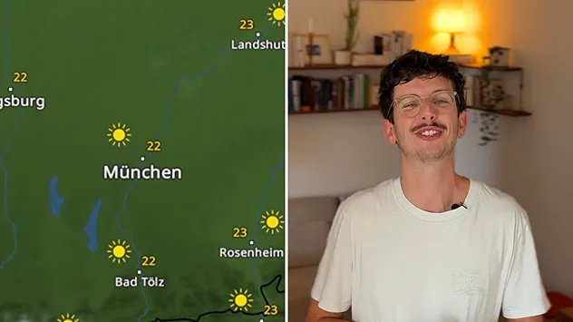 Wetterkarte mit Sonne und 22 Grad in München, daneben ein Wettermoderator.