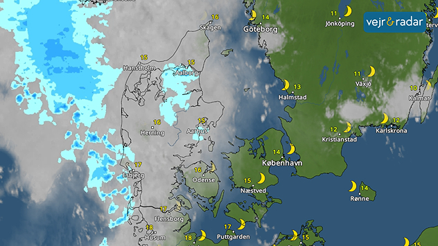 VejrRadar over Danmark med regn på vej ind over Jylland fra vest, mens Østdanmark har tørt vejr.