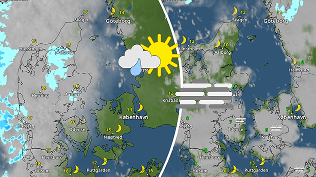 VejrRadar over Danmark med skiftende efterårsvejr, lokale byger, sol og tåge.