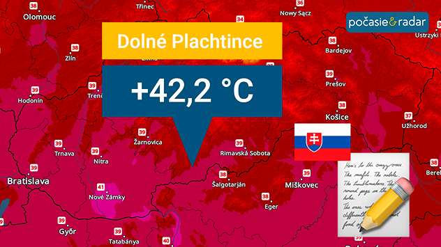 Teplotná mapa Slovenska s extrémnymi horúčavami a vyznačenou hodnotou +42,2 °C v Dolných Plachtinciach, doplnená slovenskou vlajkou a ikonou zápisu.