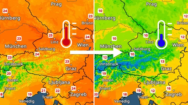 Zwei Wetterkarten von Österreich im Vergleich mit stark sinkenden Temperaturen. Links warme Orange- und Rottöne, rechts deutlich kühlere Grün- und Blautöne.