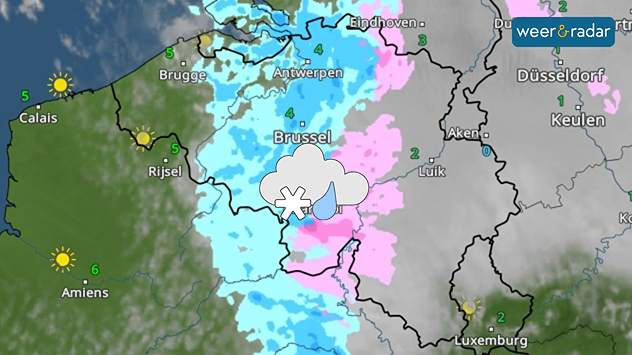 De WeerRadar toont regen- en smeltende sneeuw (blauw en roze). Een smeltende sneeuw symbool staat ingetekend.