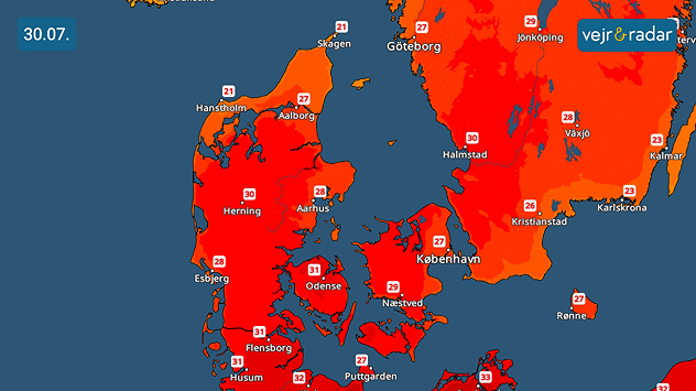 VejrRadar over Danmark den 30. juli med hedebølge og temperaturer op mod 32 grader.