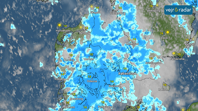 VejrRadar over Danmark med udbredt regnvejr og mange byger i store dele af landet.