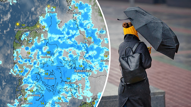 VejrRadar over Danmark med udbredt regnvejr kombineret med person under paraply.