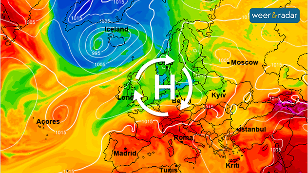 De Europese weerkaart voor begin volgende week laat een zomerse setting zien met een hogedrukgebied in de buurt, dat voor zonnig en warm weer zorgt.