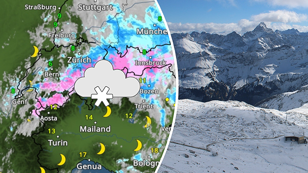 Dans les Alpes, l'hiver fait son retour : la carte météo indique des chutes de neige, notamment dans les Alpes suisses et aux alentours d'Innsbruck. Au-dessus de 1 500 à 2 000 mètres d'altitude environ, il pourrait y avoir de belles chutes de neige fraîche. À plus basse altitude, en revanche, ce sera surtout de la pluie. La photo de droite montre les sommets déjà enneigés autour de la Jungfrau, dans les Alpes suisses. Ici, l'hiver est déjà bien présent.