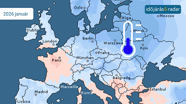 Európa térkép, amelyen színekkel jelölték az átlagos januári maximumhőmérsékleteket. A hidegebb régiók kékkel, a melegebb területek vöröses színnel vannak jelölve.