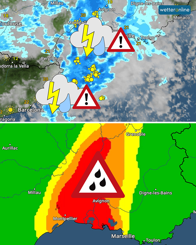 Rozdělený obraz. Nahoře je meteorologická mapa Španělska a Francie s deštěm, teplotami a symboly počasí. Dole je mapa varování před nepříznivým počasím se symbolem varování.