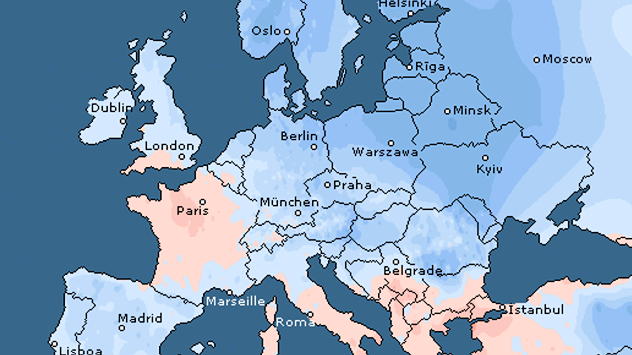 Carte de l'Europe avec représentation en couleurs des températures maximales moyennes en janvier. Les régions plus froides sont indiquées en bleu, les régions plus douces en rouge.