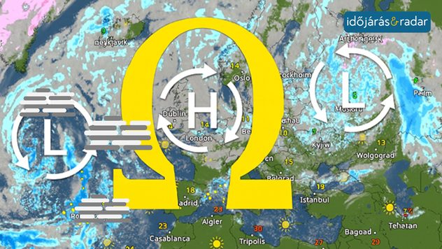 Az időjárásradar-térképe egy blokkoló omega-időjárási helyzetet mutat: egy stabil magasnyomású terület Nagy-Britannia felett (H), amelyet két alacsony nyomású terület (T) vesz körül, tipikus mintát eredményez az ősz és a tél folyamatos szürke időjárásához.