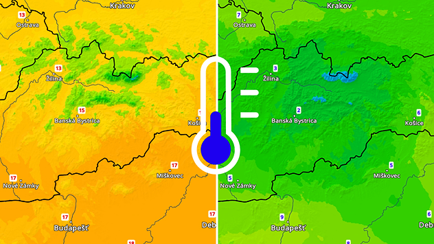 Rozdelená teplotná mapa Slovenska s výrazne teplejším počasím naľavo a citeľne chladnejším počasím napravo, doplnená modrým teplomerom.