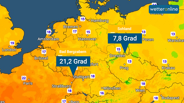 Temperaturkarte vom frühen Samstagmorgen mit großen Kontrasten: 21,2 Grad in Bad Bergzabern, 7,8 Grad in Sohland. Die meisten Regionen starten mit frischen 10 bis 17 Grad in den Tag.