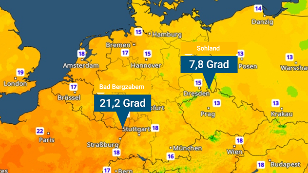 Temperaturkarte vom frühen Samstagmorgen mit großen Kontrasten: 21,2 Grad in Bad Bergzabern, 7,8 Grad in Sohland. Die meisten Regionen starten mit frischen 10 bis 17 Grad in den Tag.
