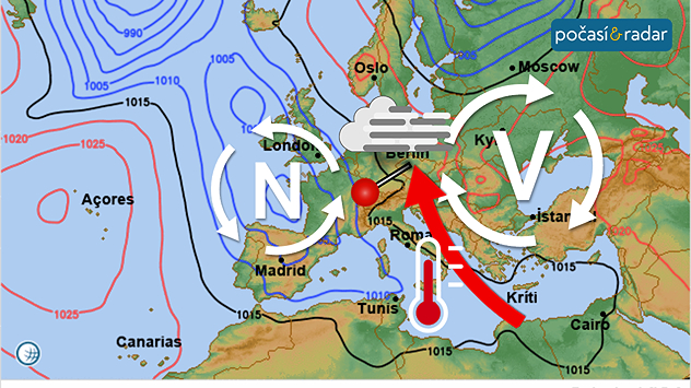 Předpověď synoptické situace nad Evropou na neděli 21. 12. Nad naše území nadále proudí – zejména ve vyšších vrstvách atmosféry – teplý vzduch z jižních směrů. Pokračuje tak počasí teplotní inverze.