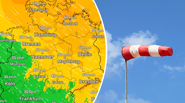 Links das WindRadar, rechts ein Bild eines Windsacks.
