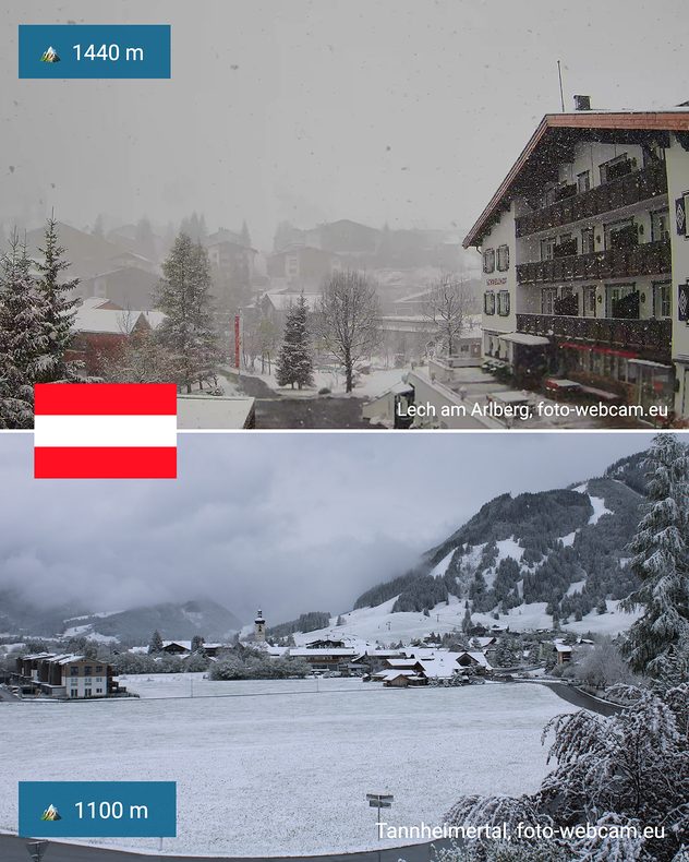 Twee webcambeelden uit Oostenrijk tonen winterse landschappen in Lech am Arlberg en in het Tannheimer Tal. Sneeuwval en met sneeuw bedekte weiden strekken zich uit tot een hoogte van ongeveer 1100 tot 1440 meter.