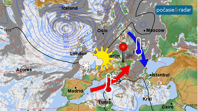 Synoptická situácia znázorňujúca najprv prúdenie chladného vzduchu, ktoré bude vystriedané prúdením teplým. Obrázok je doplnený obrázkom polooblačného počasia s dažďom i snežením.