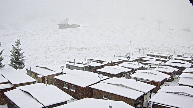 Schnee auf Hütten eines Campingplatzes, daneben eine mit Schnee bedeckte Wiese