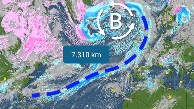 Un frente asociado a una borrasca en el Atlántico Norte se extiende más de 7.000 kilómetros.